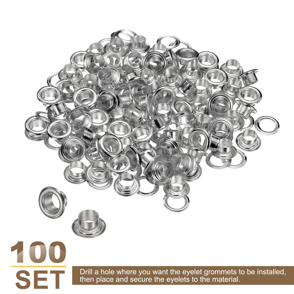 100Set Grommets Eyelets Kit 6mm Brass Eyelets with Washers, Silver