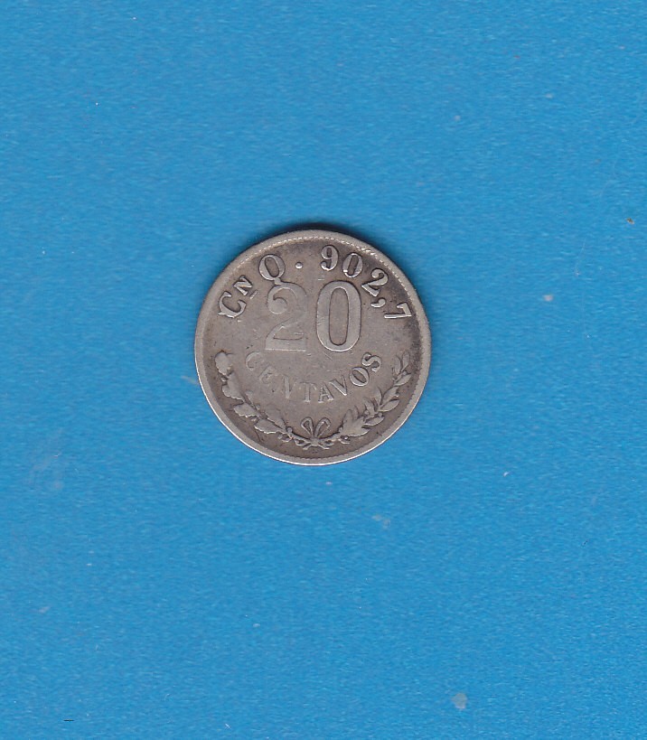 1902 Mexico Second Republic 20 Centavos Silver Coin