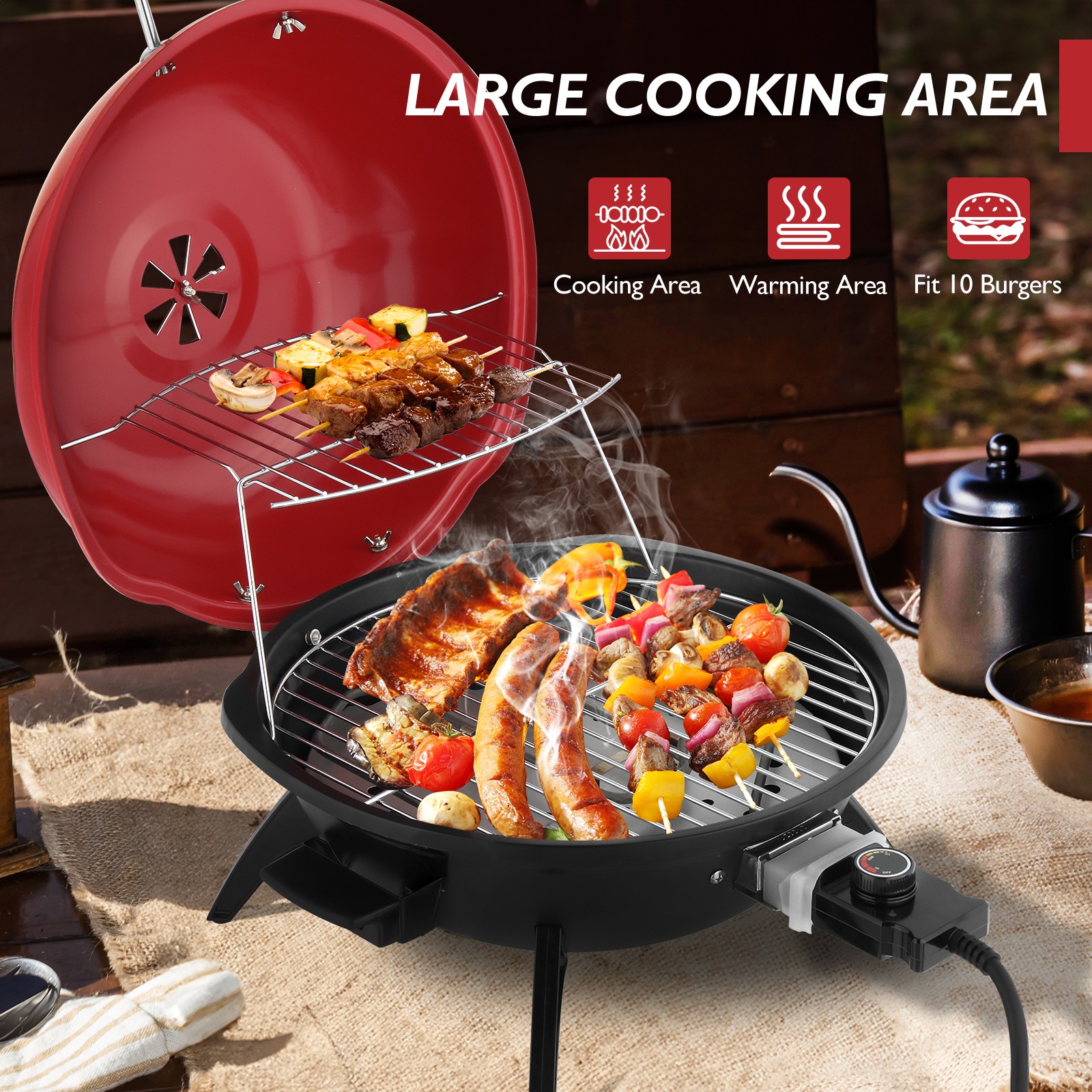 Electric BBQ Grill Red 1600W In/Outdoor Garden Party with Double Layer Design