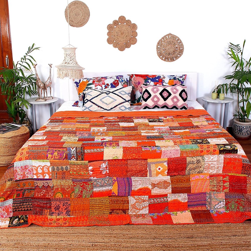 Blanket Multi Quilt Bedding Bedspread Kantha Patchwork Bed Cover Silk Throw