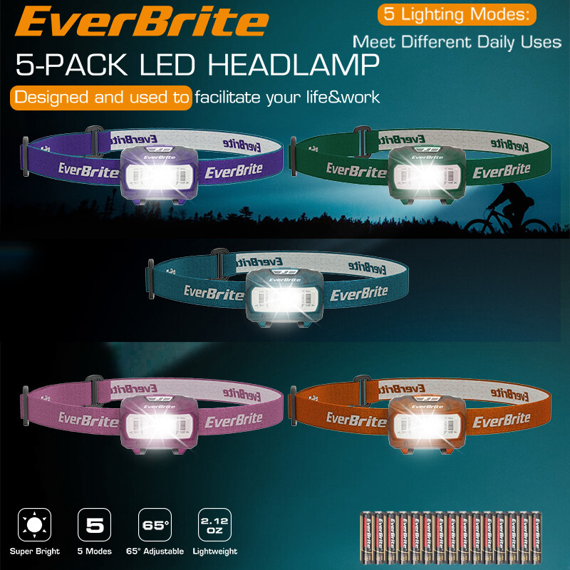 EverBrite Bright LED Headlamp Super Head Lamp 5 Lighting Modes Flashlight 5-PACK