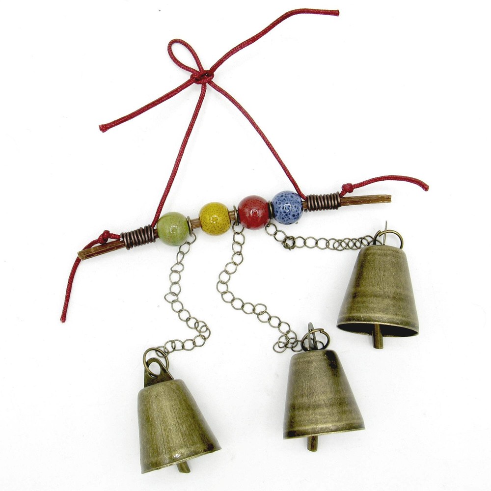 Witch's Bell: 3 Bells, Twig, Colorful Beads, Chains, Red String - Handcrafted