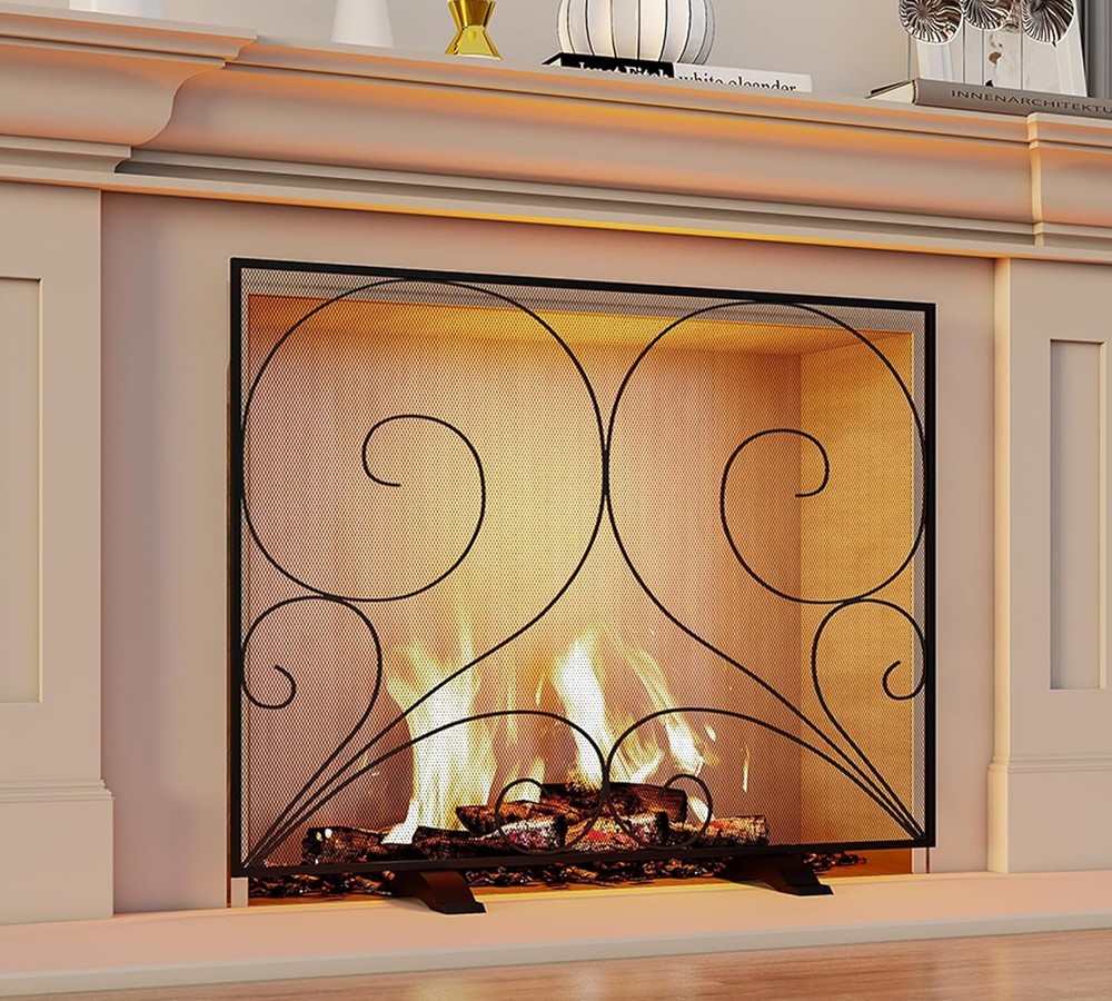 Single Panel Fireplace Screen Handcrafted Solid Wrought Iron Mesh Heat-Resistant