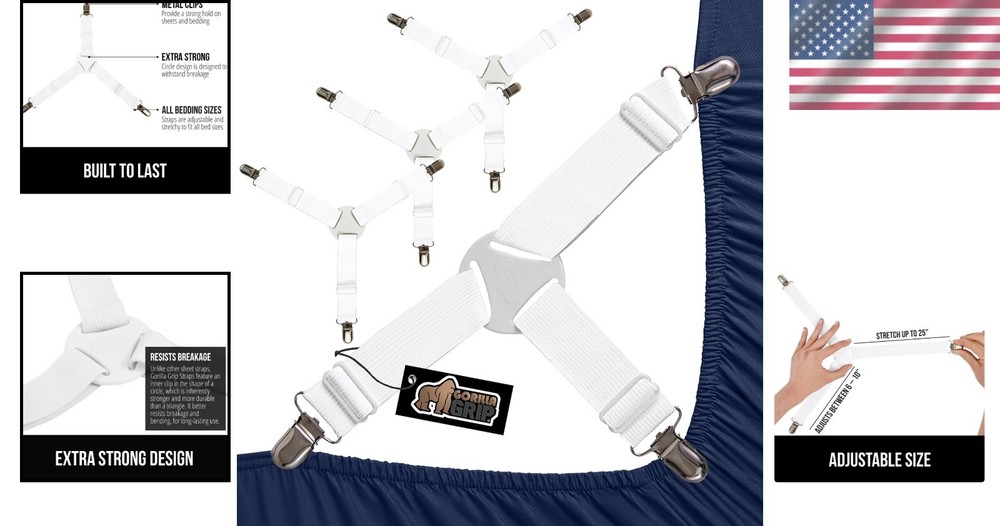 Easy Install Bed Sheet Straps - Secure and Wrinkle-Free Fitted Sheets, 4 Pack