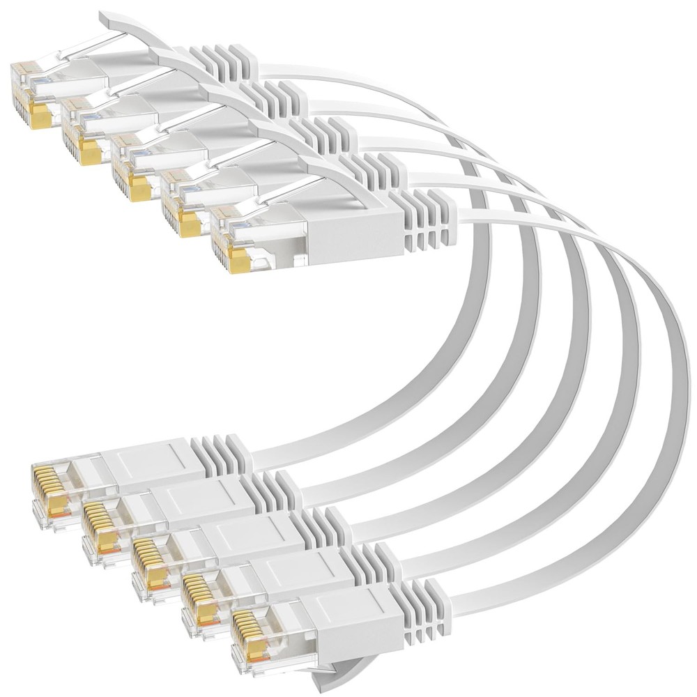 Elecan Cat 6 Flat Ethernet Cable 1 Ft/5 Pack, High Speed Slim 1FT, White