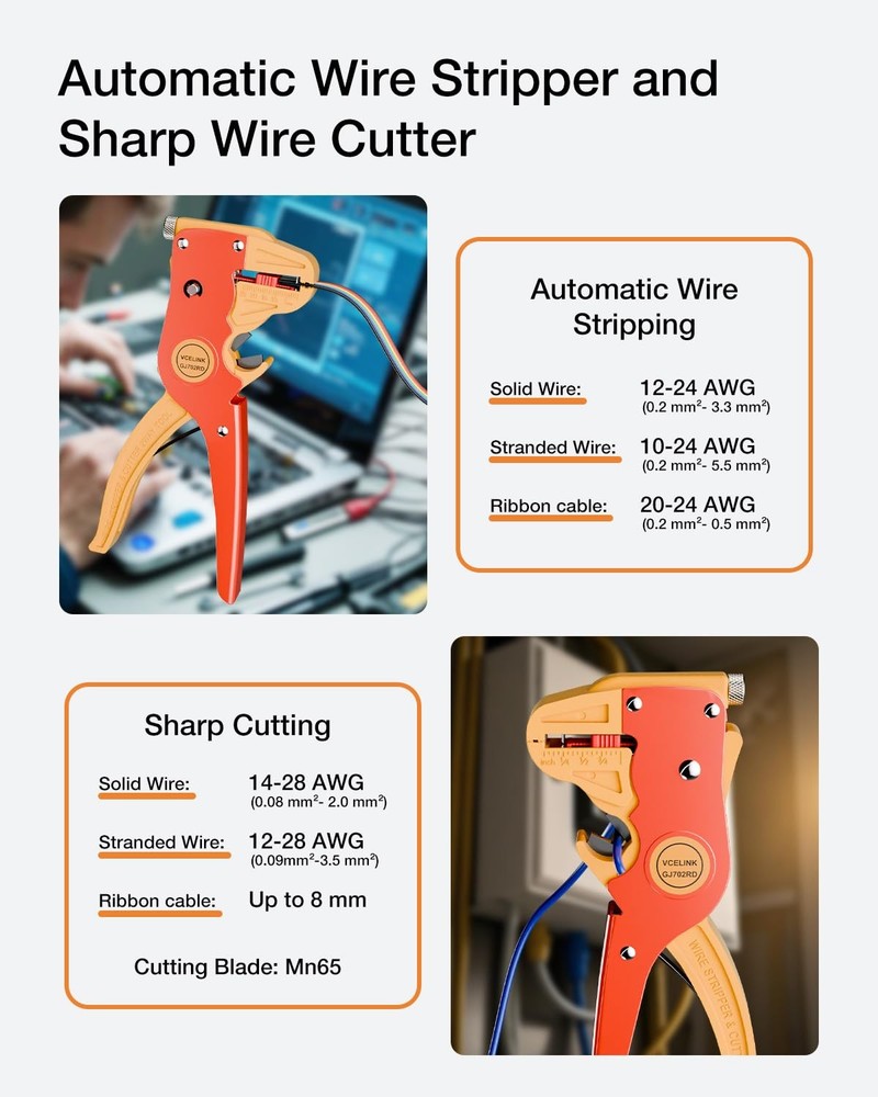 VCELINK Automatic Quickstrip Wire Stripper and Cutter, Professional Orange