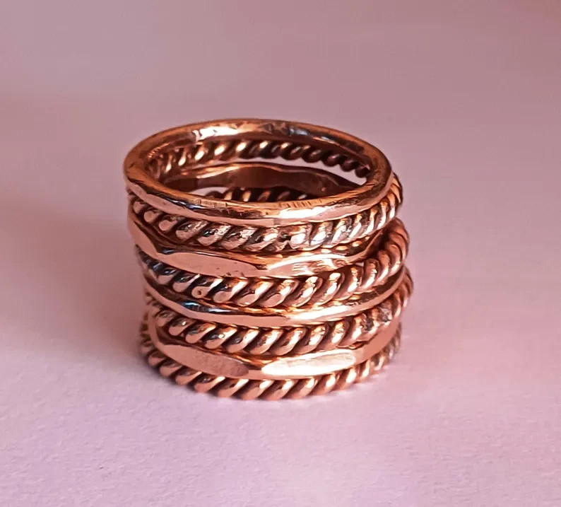 Handmade Solid Copper Ring Set: Stackable Textured Boho Rings
