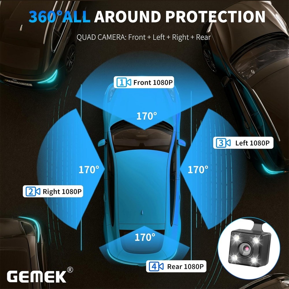 360° View 4 Channel Dash Cam 2K Front Rear Inside G-Sensor