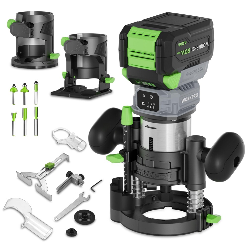 WORKPRO 20V Cordless Compact Router Tool 6 Speed Multi-Angle Adjustable Straight