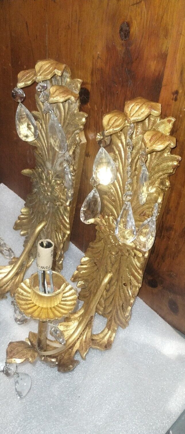 Hollywood Regency Gold Gilt Wall Sconces w/ Crystals – Ornate Electric Pair