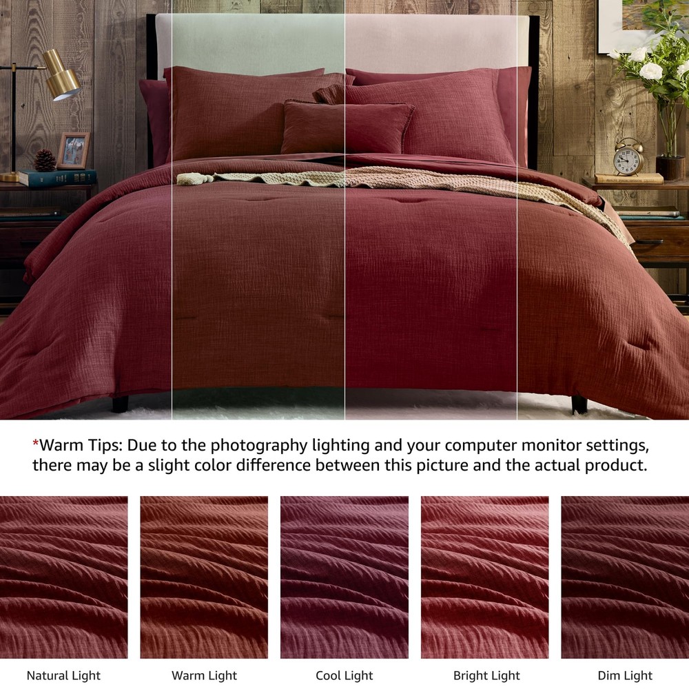 King Comforter Set - 7 Pieces Soft Solid Bedding, Dark Red Bed in a Bag