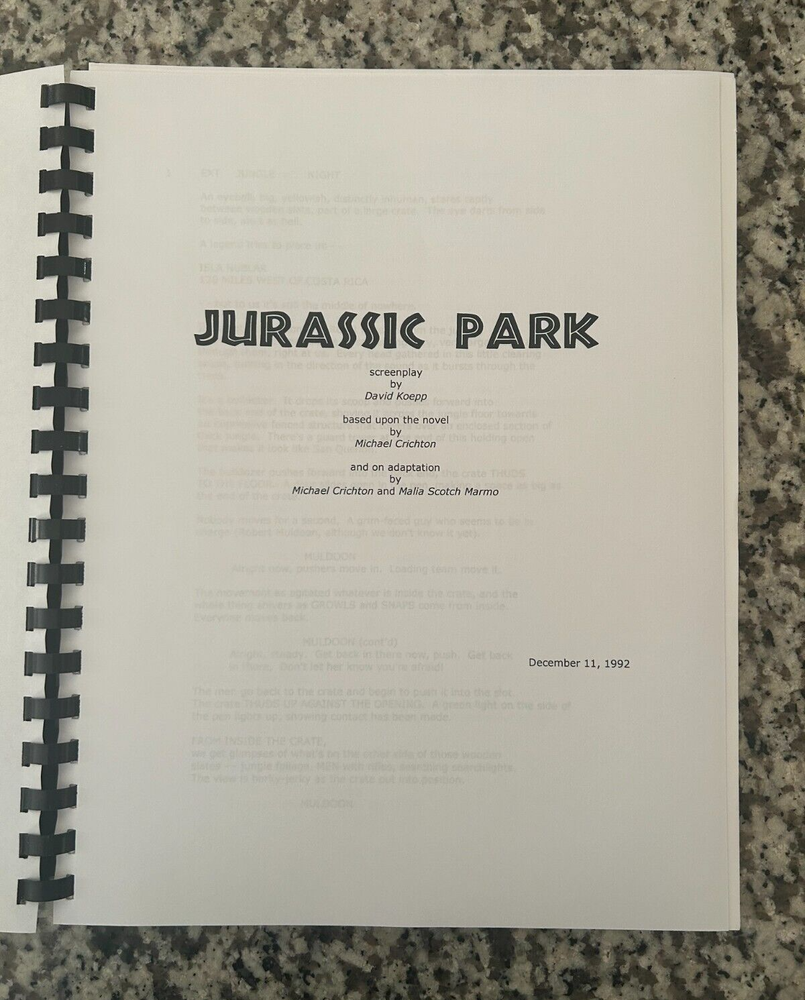 Jurassic Park Horror Movie Script Reprint Full Screenplay Script