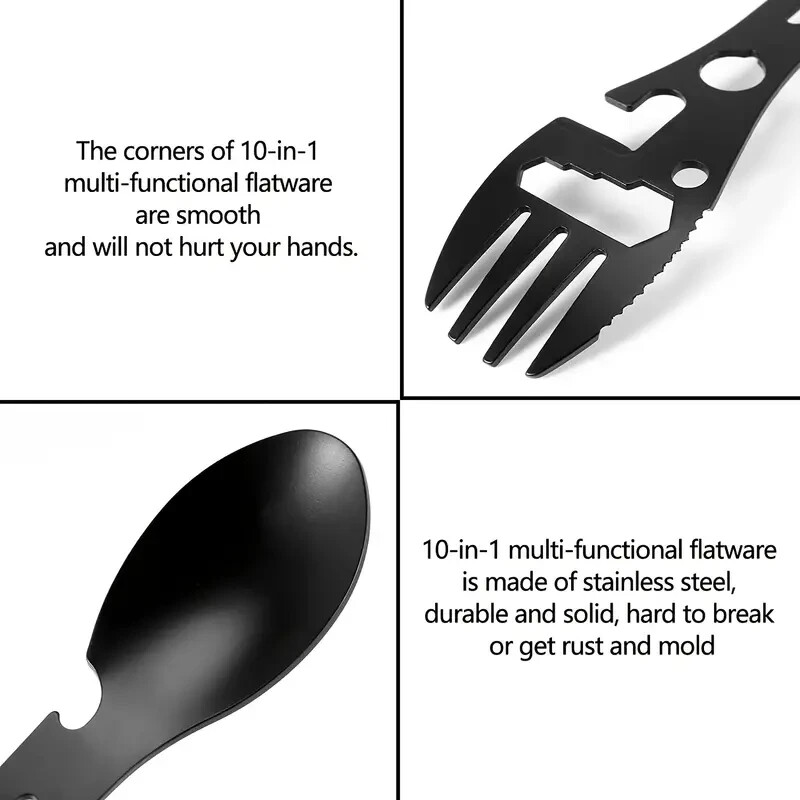 10-in-1 Multi Function Tactical Stainless Steel Fork Spoon Survival Tool Camping