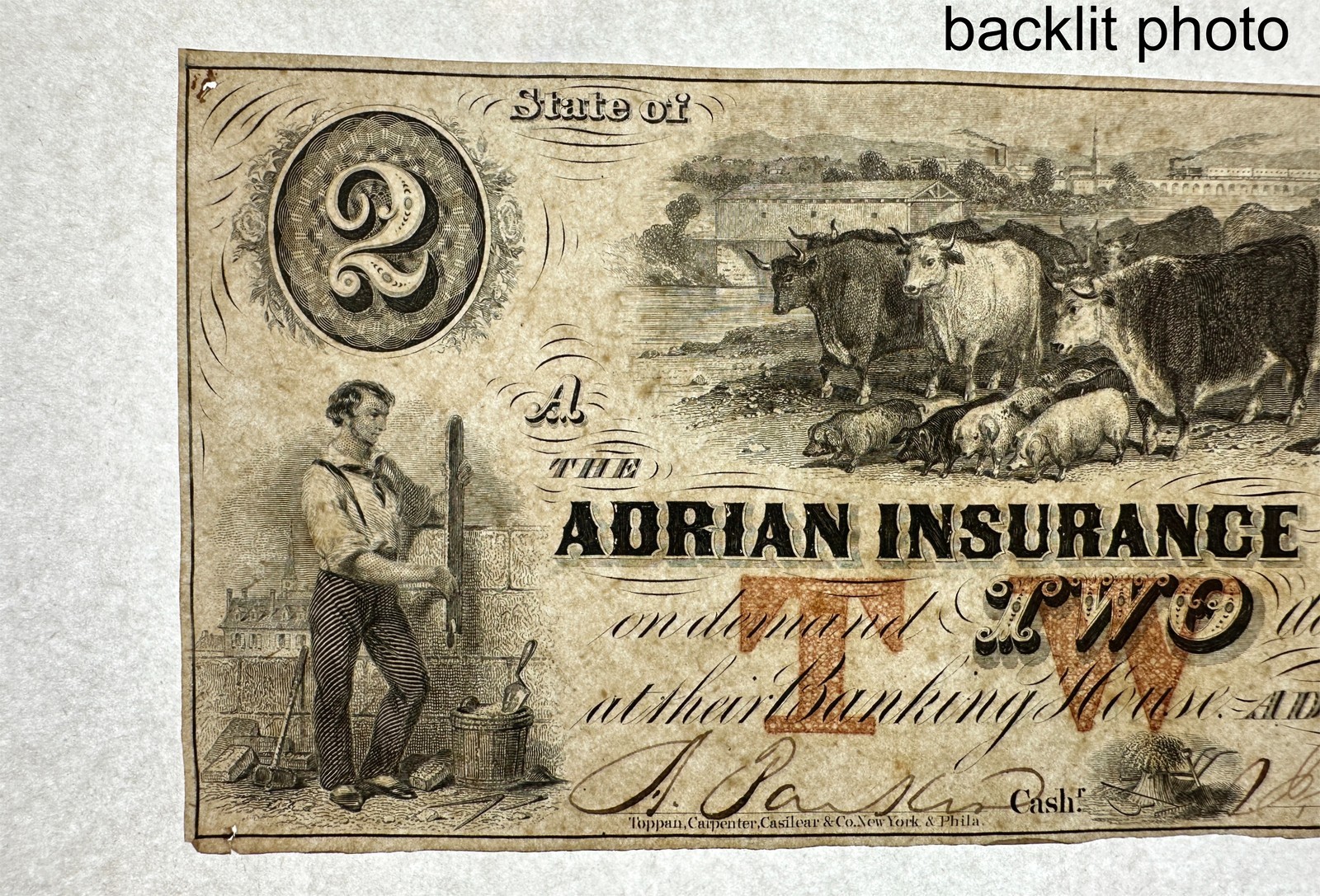 1853 $2 Adrian Insurance Company Michigan Obsolete Bank Note Two Dollars Bill MI