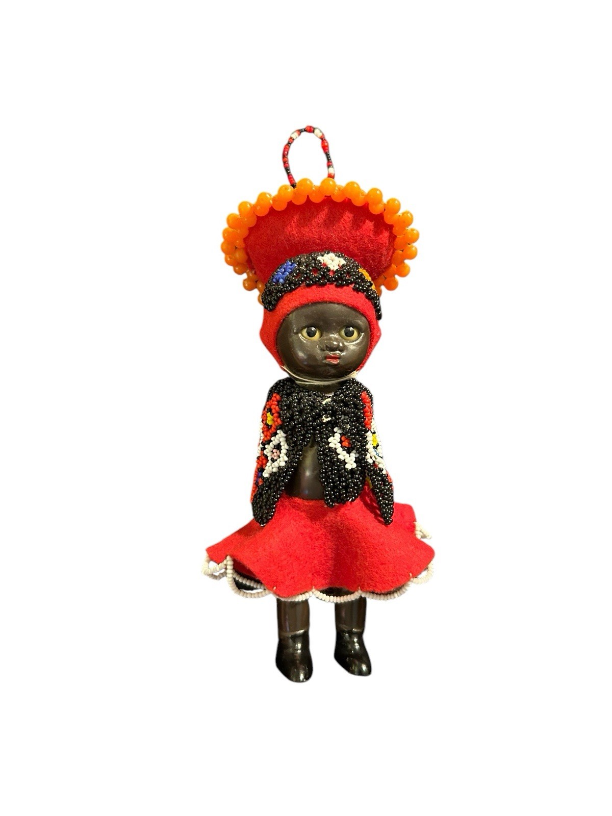 Vtg Celluloid Beaded African Tribal Doll Girl 6.5” Red Black Hanging Ornament