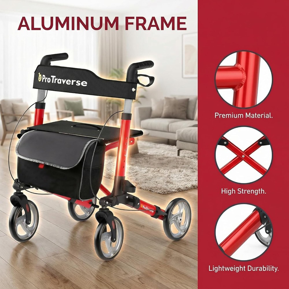 Foldable Rollator Walker with Seat Lightweight Large Wheels Rolling Walker Red