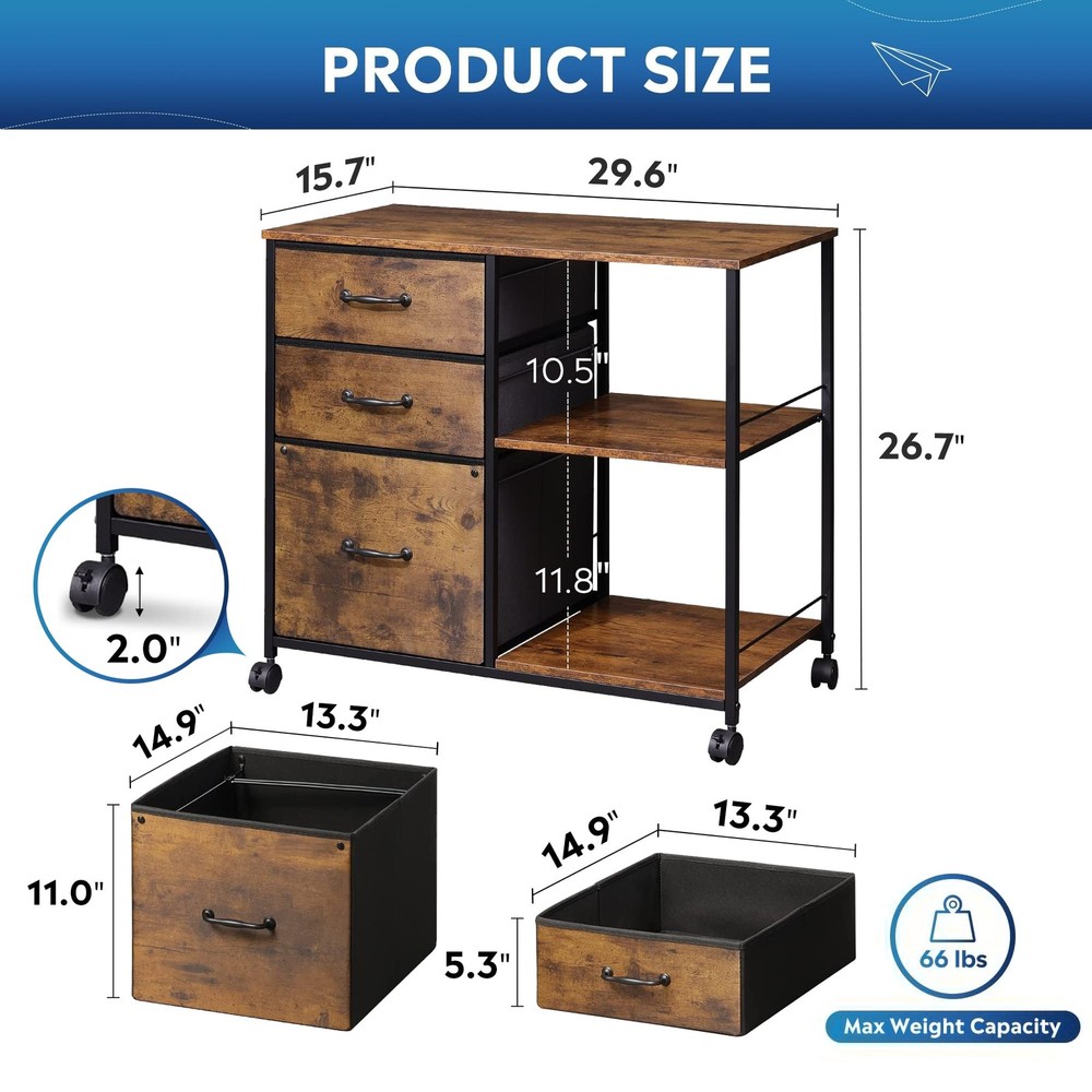 3 Drawer Mobile File Cabinet, Rolling Printer Stand with Open Storage Shelf, ...