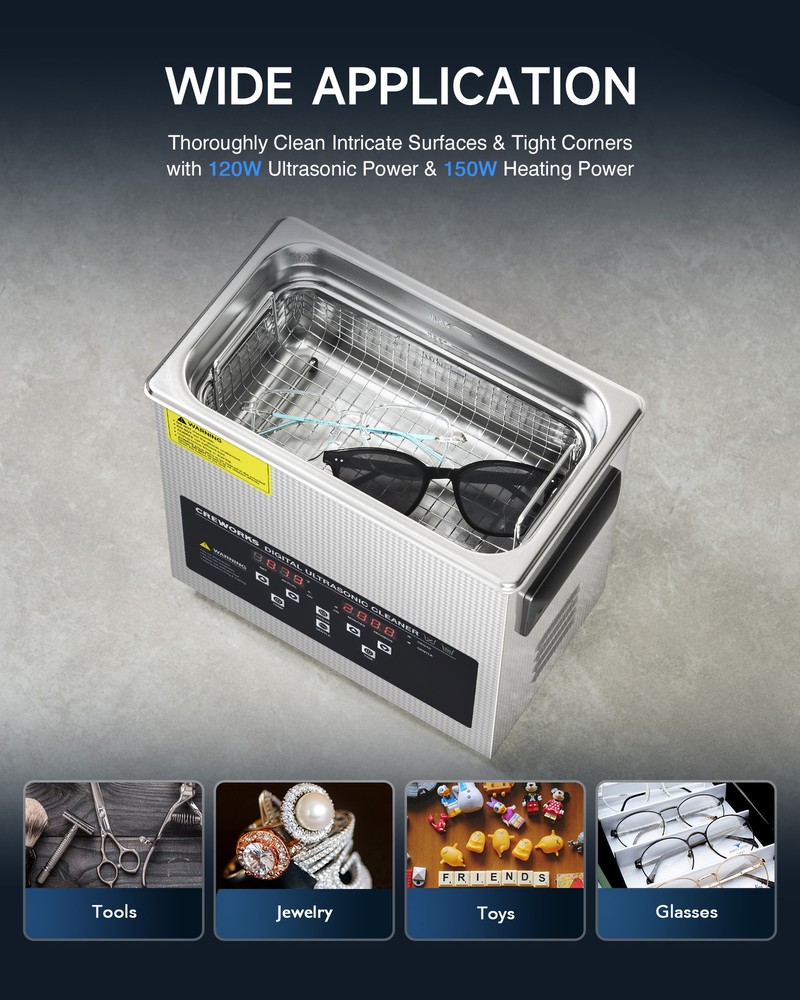 CREWORKS 3L Ultrasonic Cleaner with Control Panel 1-30 min. Timer & Degas Mode