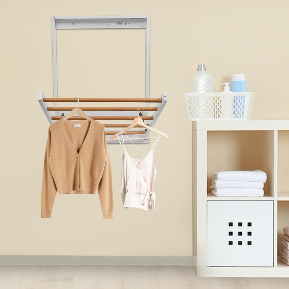Wall-Mounted Foldable Clothes Drying Rack - Solid Wood Indoor Laundry Organiz...