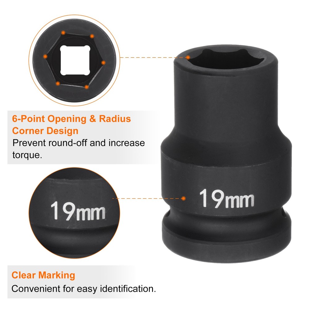 6-Point Impact Socket 3/4" Drive 19mm Metric 40Cr Impact Socket