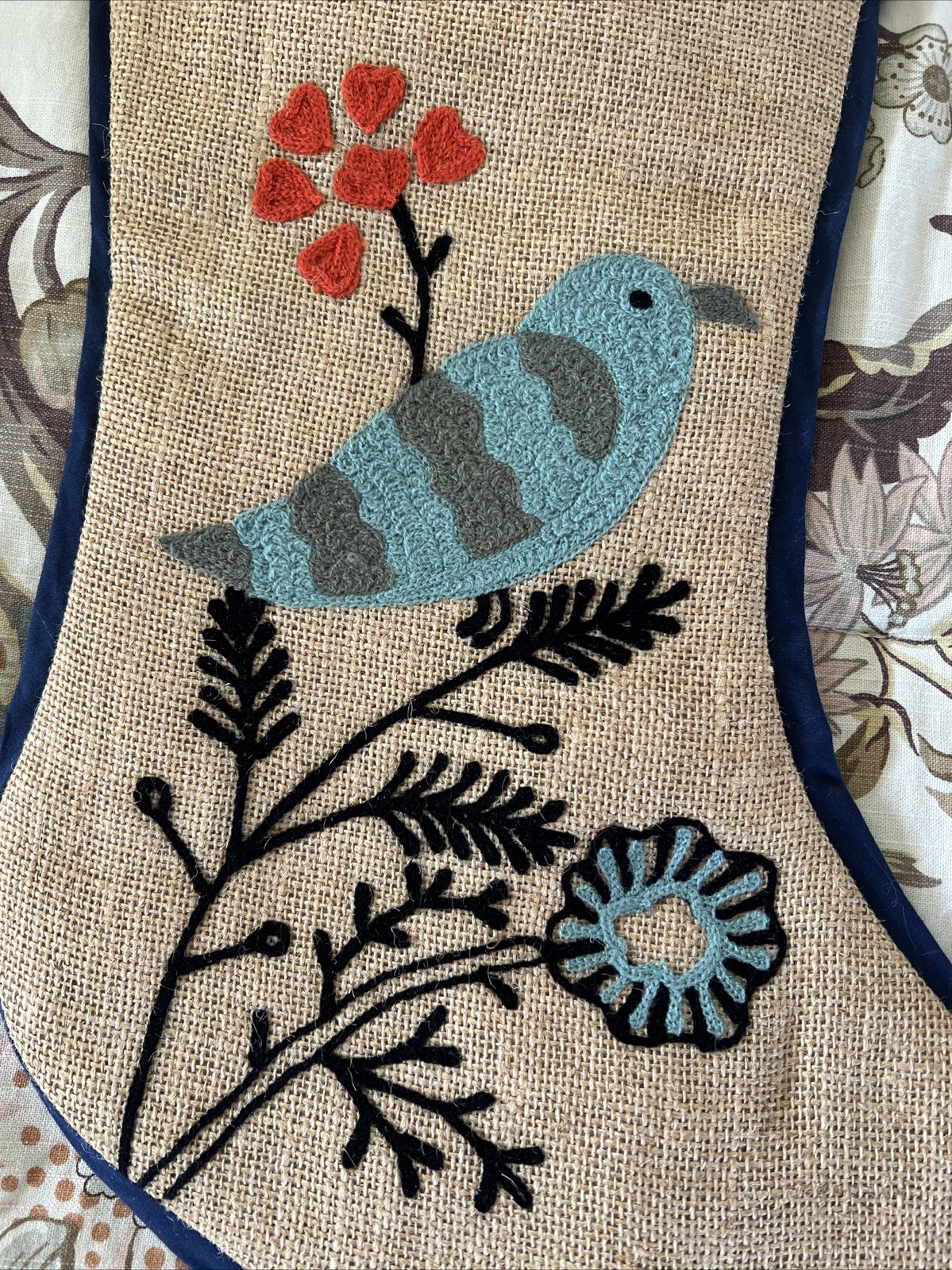 ARCADIA HOME CHRISTMAS STOCKING 100% JUTE EMBROIDERED BLUE BIRD AND FLOWERS