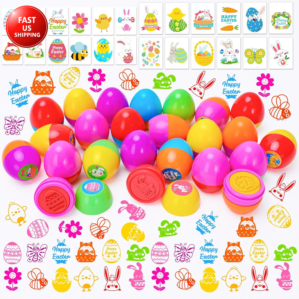 24Pcs Easter Egg Stampers Prefilled Easter Egg Stamps with 24Pcs Easter Stickers