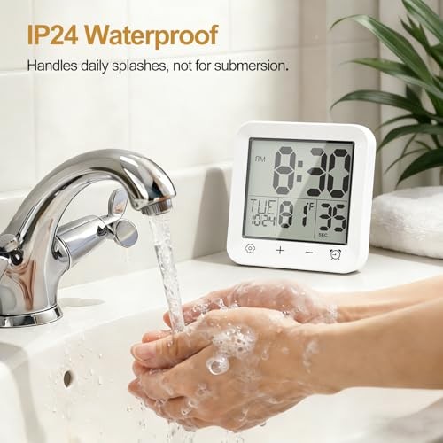 Shower Clock Waterproof, Bathroom Digital Clock with Timer, LCD 5.5 Inch White