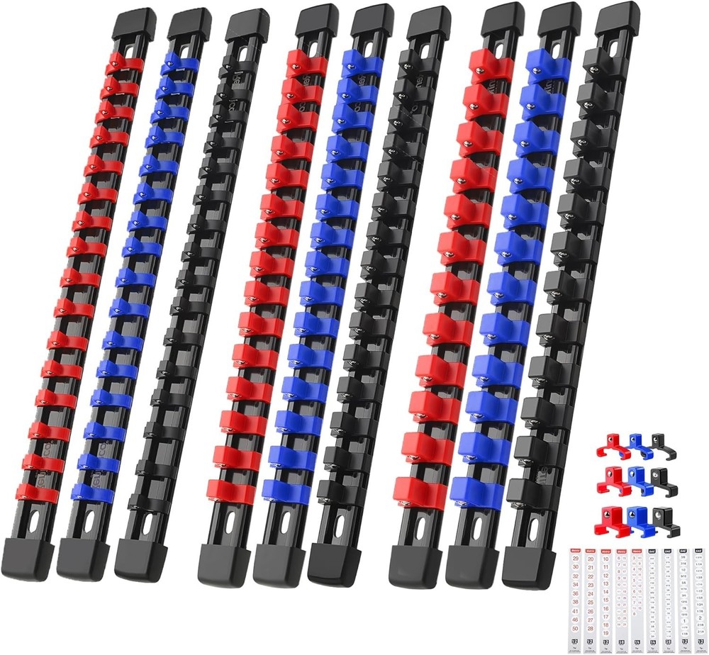 Versatile Socket Clip Rail Holder - 9-Piece Set, Color-Coded for Easy Access