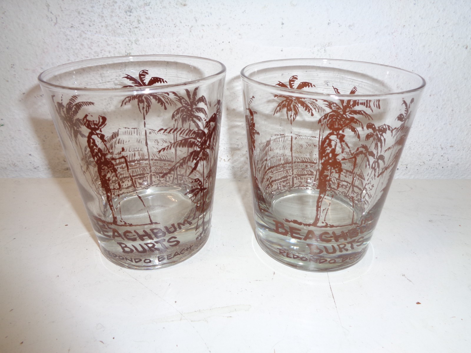 Vintage Beachbum Burts Redondo Beach Tiki  Glass 4" Rocks Cocktail Set of 2