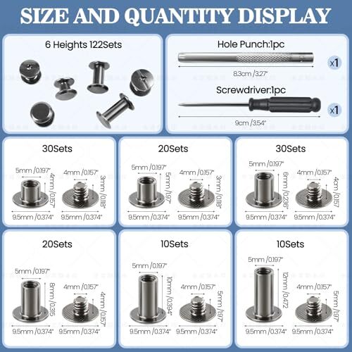 122 Pack Snap Button Kit, 6 Sizes Chicago Screws Leather Assorted Kit, for DIY