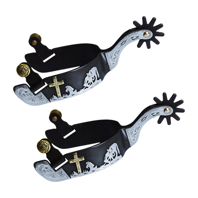 Traditional Cowboy Boot Spur With Fine Engraved Crosses And Scroll Pattern
