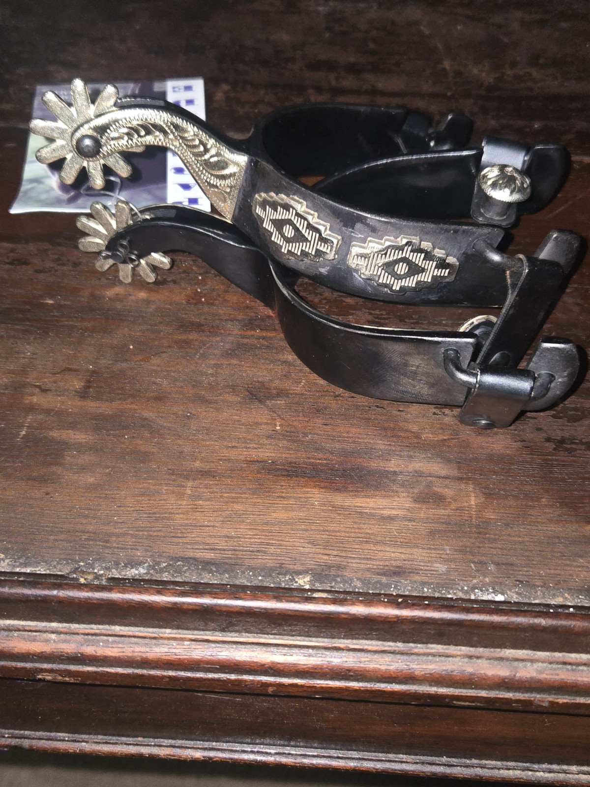 Men's Partrade/Metalab Black Western spurs w/German silver Aztec trim