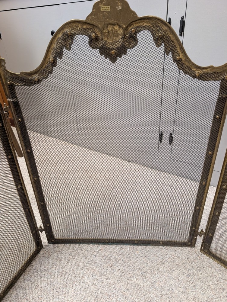 Vtg 3 Panel Fold Brass Shell Rose Fireplace Screen