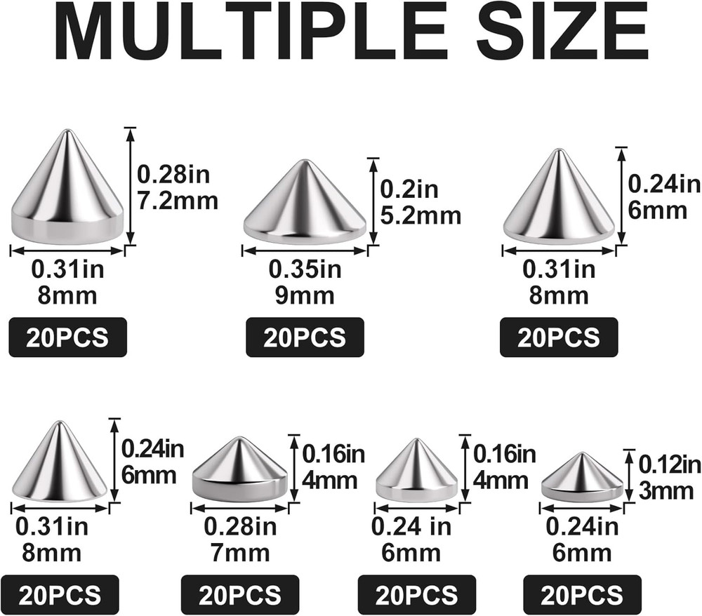 140PCS ABS Bullet Spike Cone Studs, 7 Styles Rivets Cone Spike Studs Beads, Flat