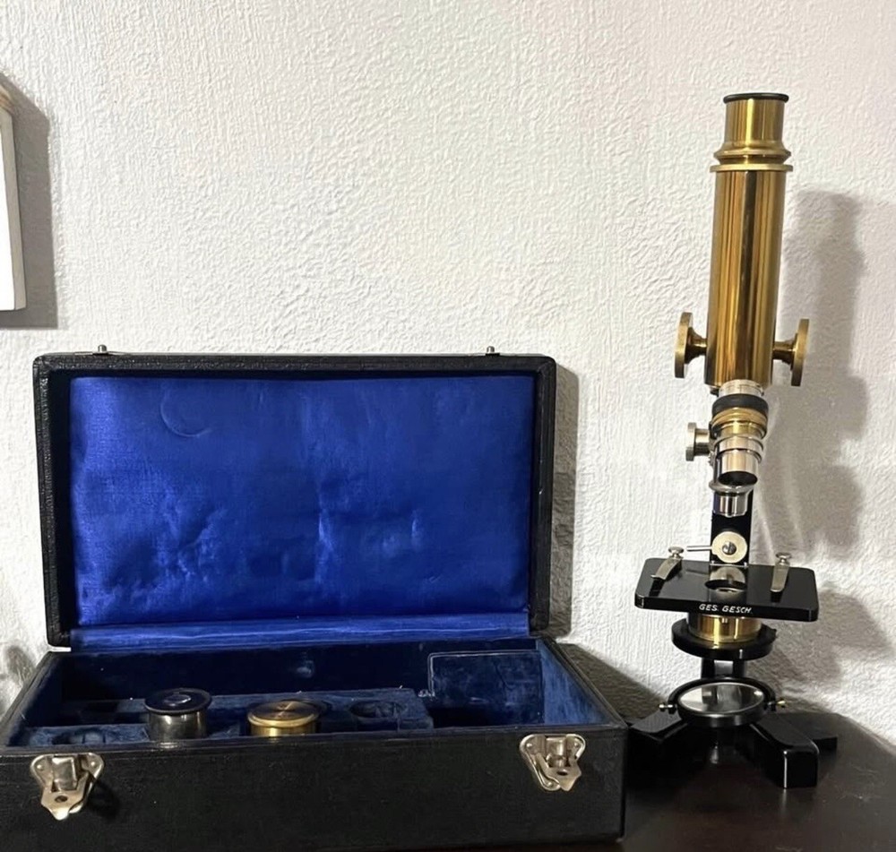 Antique Brass and Black Laboratory Microscope with case