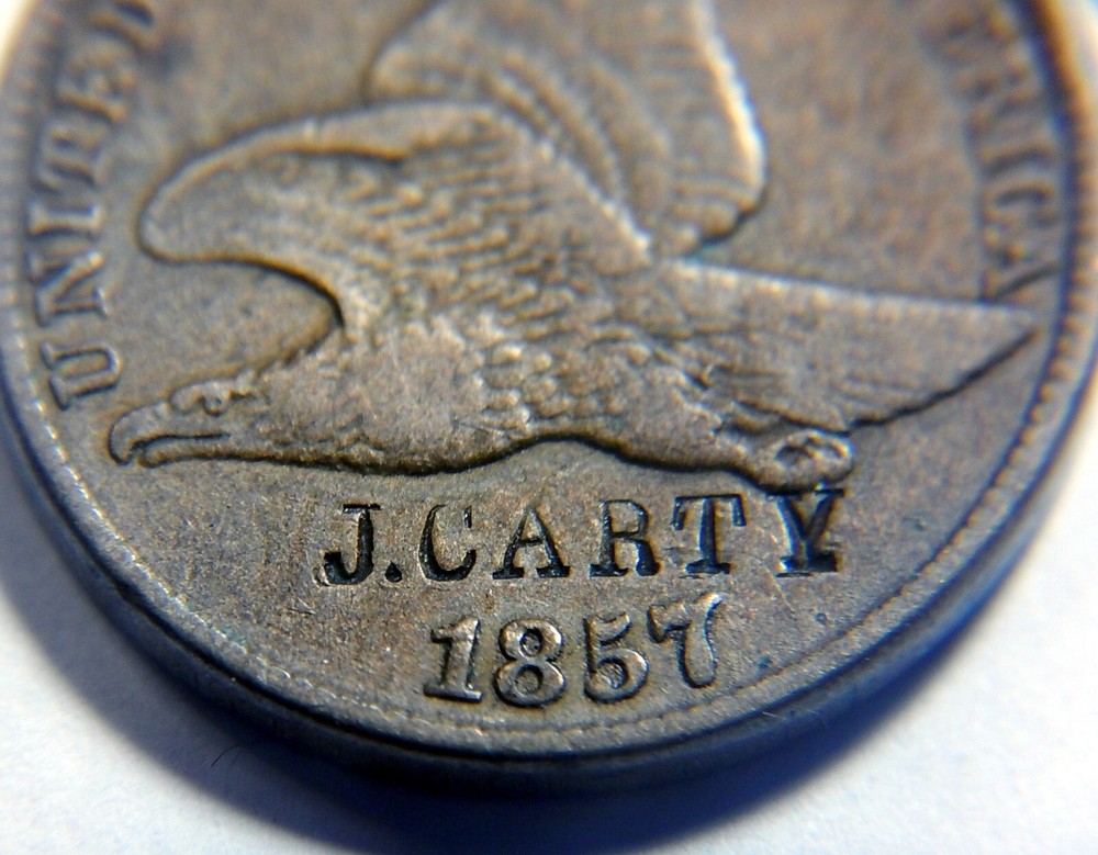 Flying eagle cent/penny 1857 counterstamp J. Carty high grade
