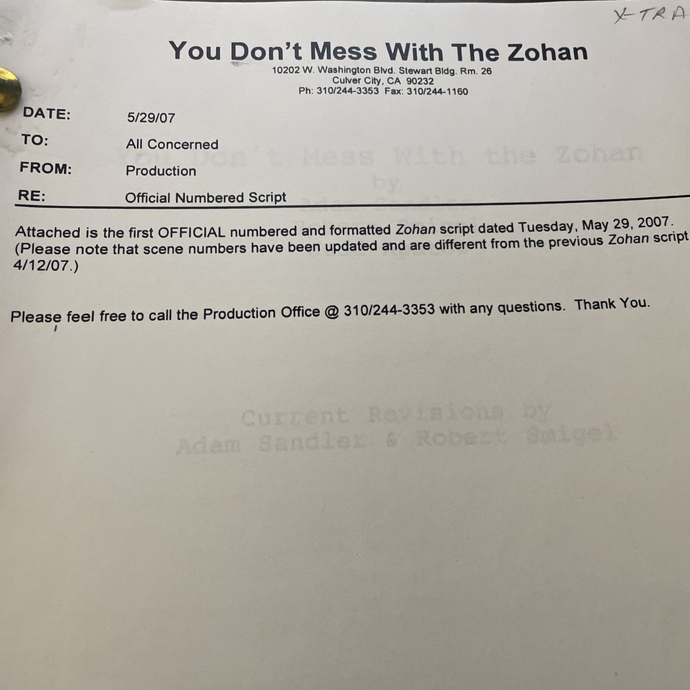 YOU DON’T MESS WITH THE ZOHAN FIRST OFFICIAL NUMBERED SCRIPT (2007) ADAM SANDLER