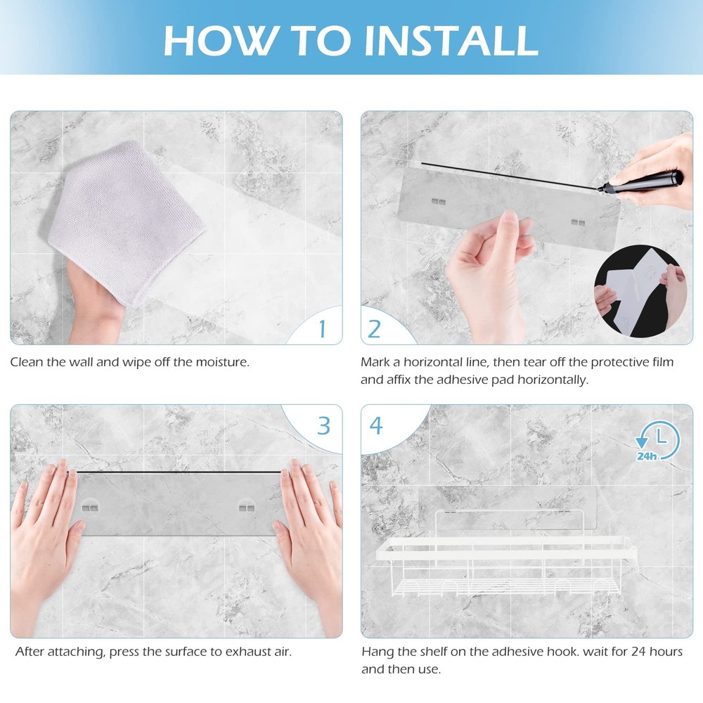 2 Pack Adhesive White Shower Caddy Organizer with Hooks, Rustproof No Drillin...
