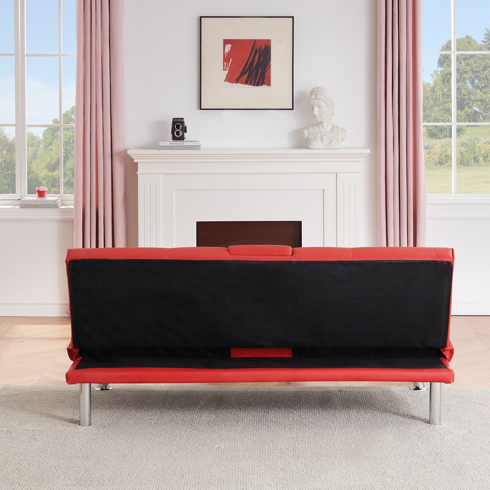67-inch Red Leather Multifunctional Double Folding Sofa Bed with Coffee Table