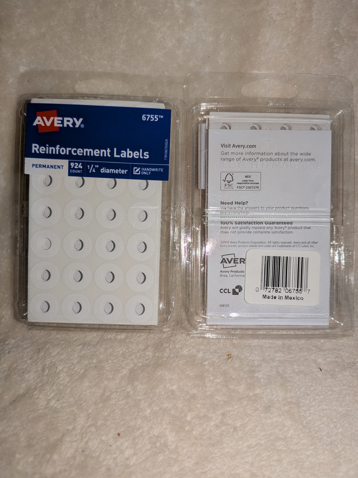Avery Permanent Reinforcement Labels 1/4 Round Rings-White 924pk 6755 2Pack