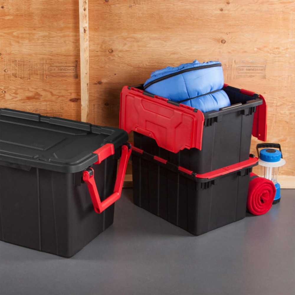 6 Pack Stackable 12 Gal Totes with Hinged Lids - Black/Red Storage Bins