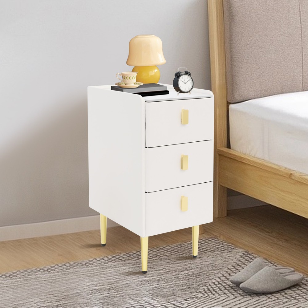 3 Drawer Narrow Side Table - Leather & Wood, Titanium-plated, Rectangular Modern