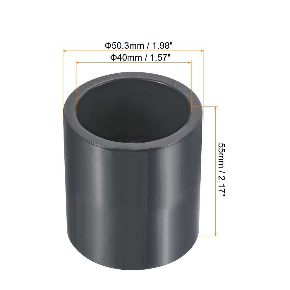 UPVC Pipe Fitting 40mm Socket, 1 Pack Straight Coupling, Dark Grey