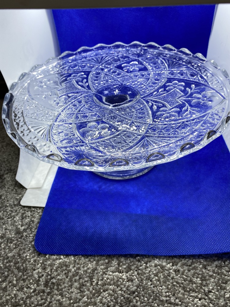 CLEAR GLASS Flowers  Pattern CAKE Plate/STAND With Zig Zag Edge