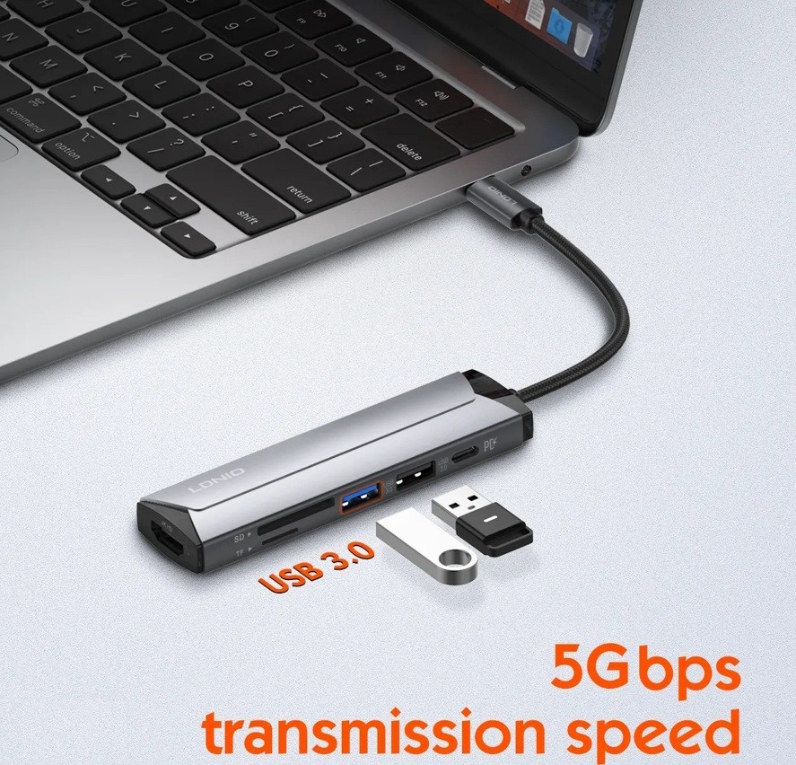 6 in 1 USB-C Multi-function Docking Station PD100W Type-C HDMI SD TF, 2x USB-A