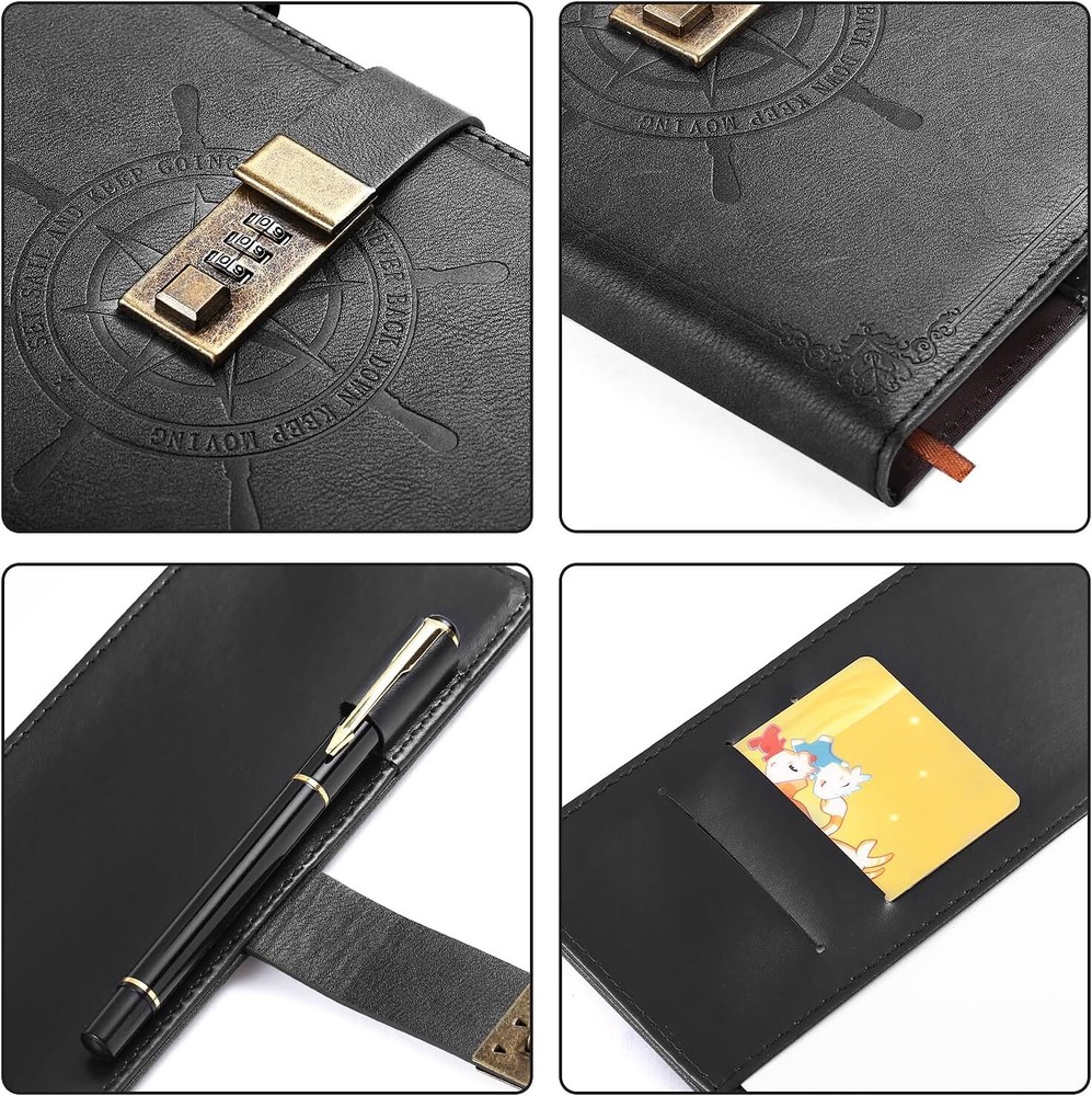 Black Journal with Lock, Refillable Faux Leather Lock Diary Notebook Planner