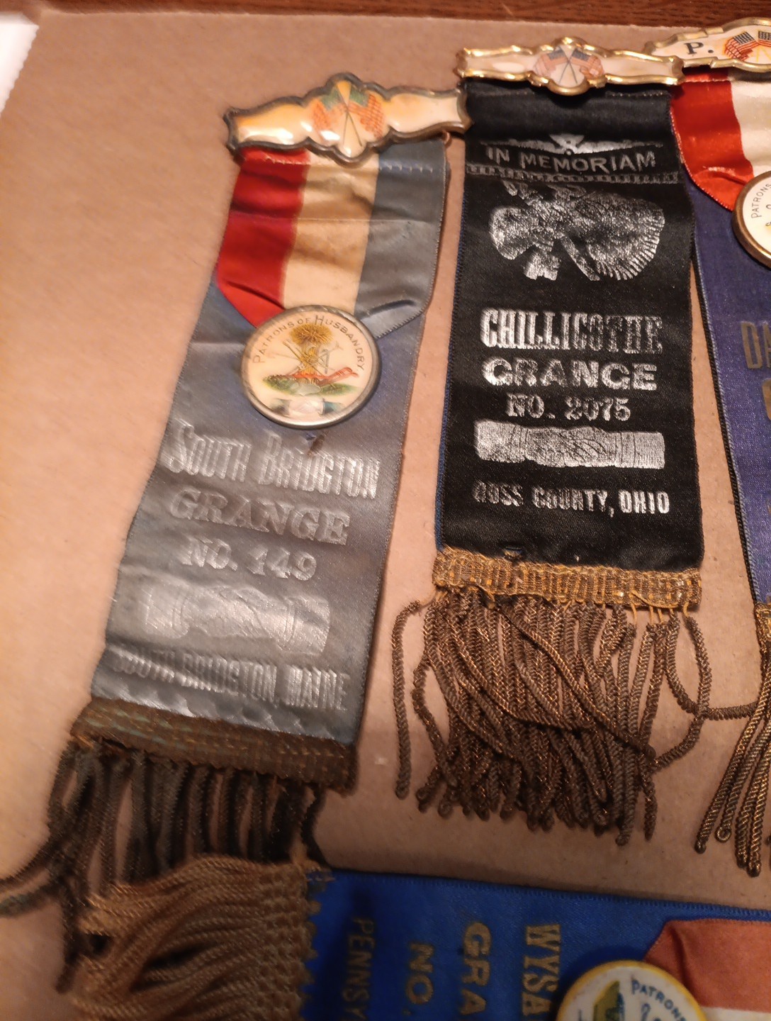 5 Original Patrons Of Husbandry Ribbons Various City's. All Complete Medals