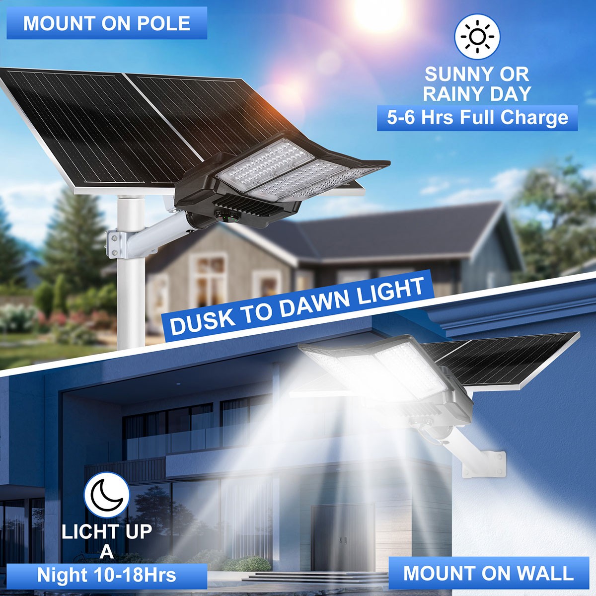 16000W Commercial Solar Street Light Dusk to Dawn Lamp Parking Lot Outdoor+Pole
