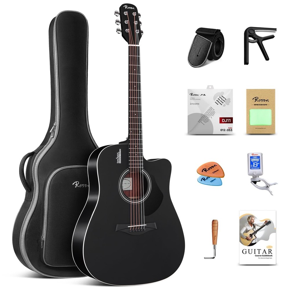 Rosen Solid Dreadnought Acoustic Guitar 41 Inches Spruce Guitar Beginner Bundle