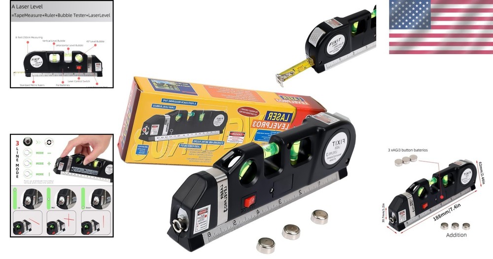 Multipurpose Laser Level Tool with 8ft Measuring Tape for Accurate Home Projects